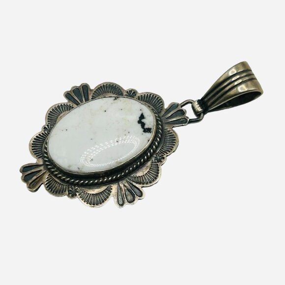 Huge Daniel Mike White Buffalo Navajo Turquoise Sterling Pendant - Picture 3 of 6